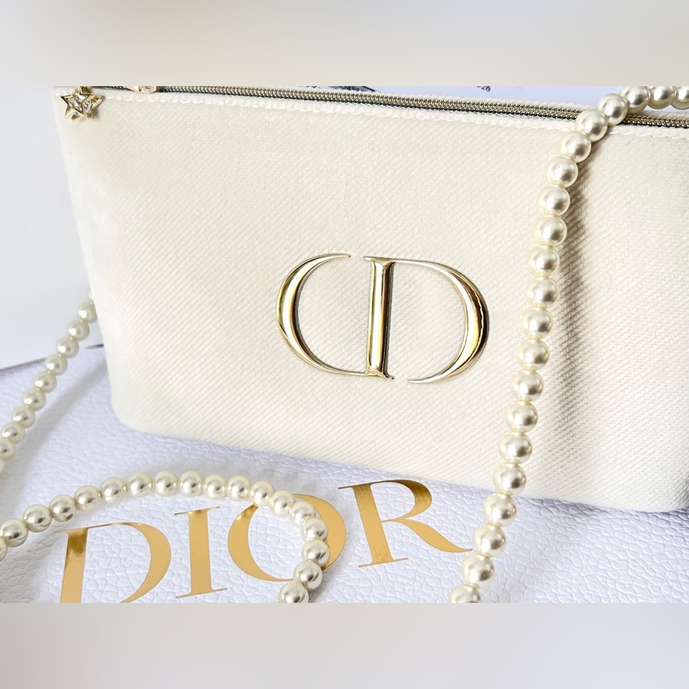 DIOR Beauty Tan Gold CD Striped Velour Cosmetic Makeup Pouch Bag Pearl Strap